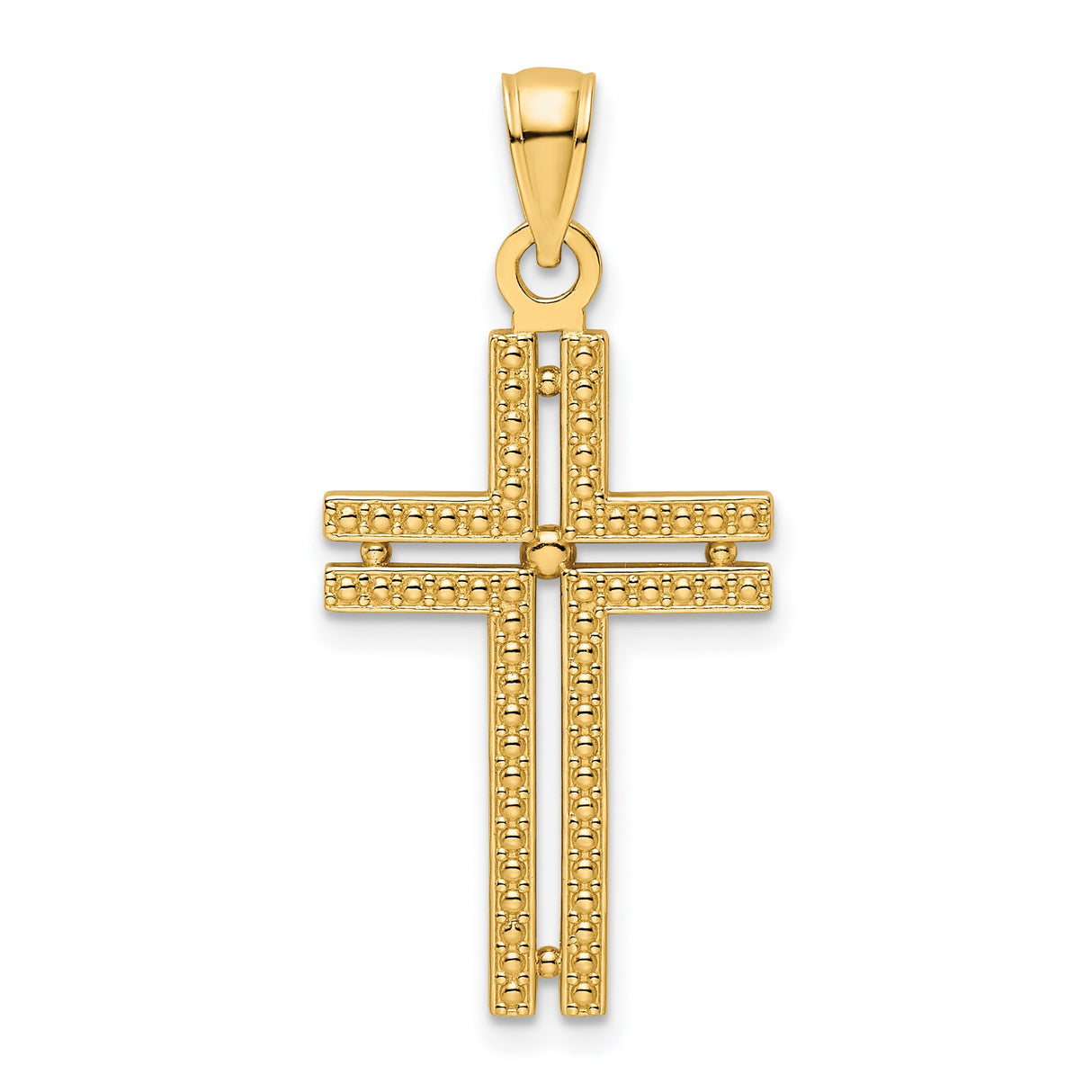 14k Yellow Gold Cross Pendant with Beaded Openwork Design, Unisex Religious Jewelry