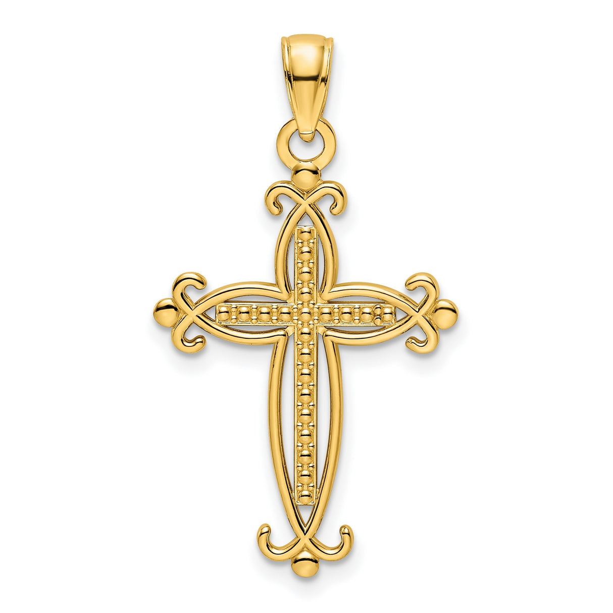 14k Yellow Gold Cross Pendant with Beaded Fleur-de-Lis Detail, Polished Religious Jewelry for Men and Women
