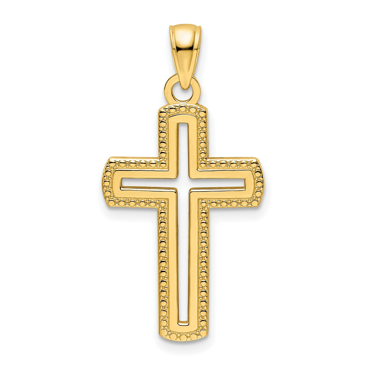 14k Yellow Gold Cross Pendant with Beaded Design and Polished Finish