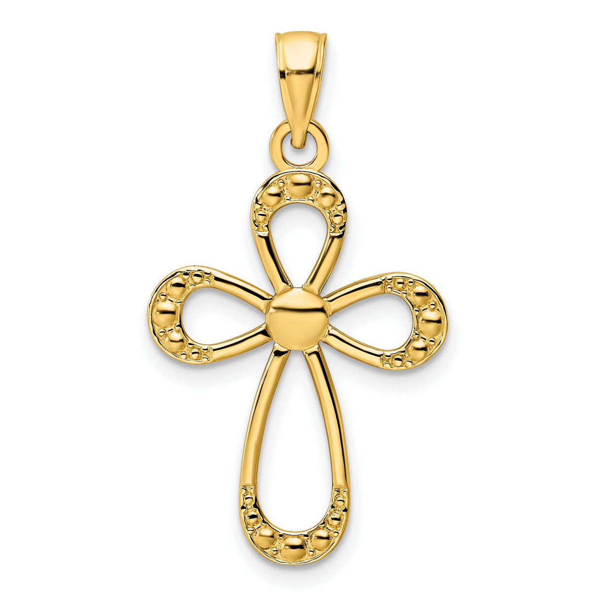 14k Yellow Gold Cross Pendant with Hollow Teardrop Design and Polished Texture