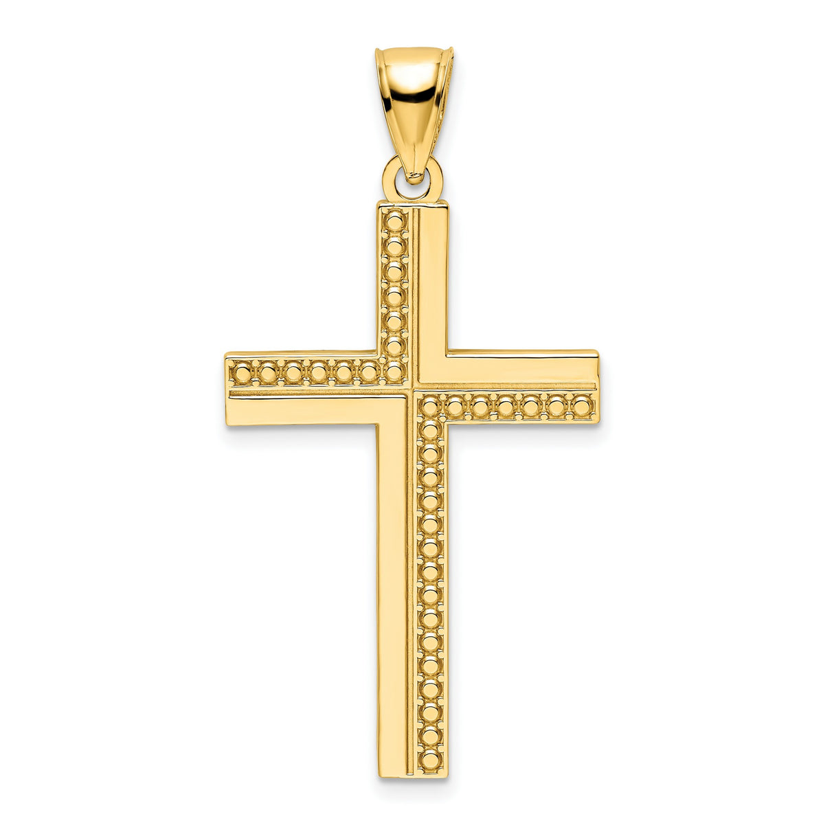 14k Yellow Gold Cross Pendant with Polished Beaded Design, Minimalist Religious Charm