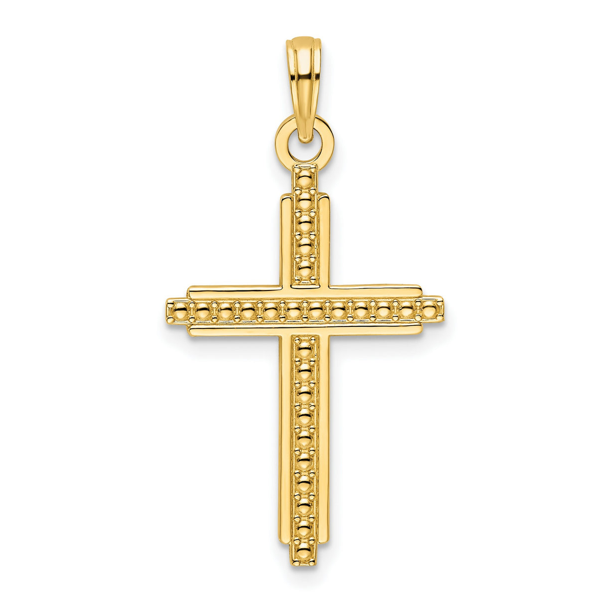 14k Yellow Gold Cross Pendant with Beaded Design and Mirror Finish for Men and Women