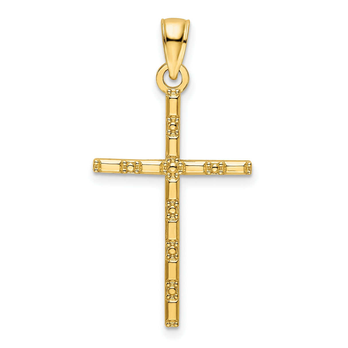 14k Yellow Gold Cross Pendant, Textured Beaded Design, Polished Finish, Religious Jewelry for Men and Women