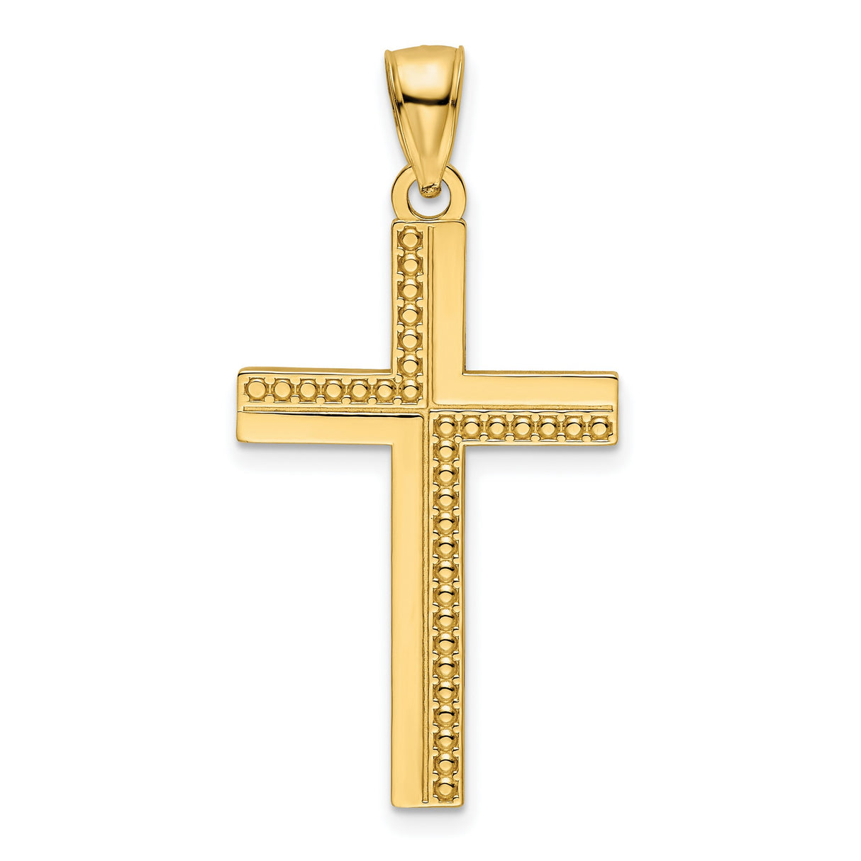 14k Yellow Gold Cross Pendant with Polished Beaded Design, Unisex Religious Charm