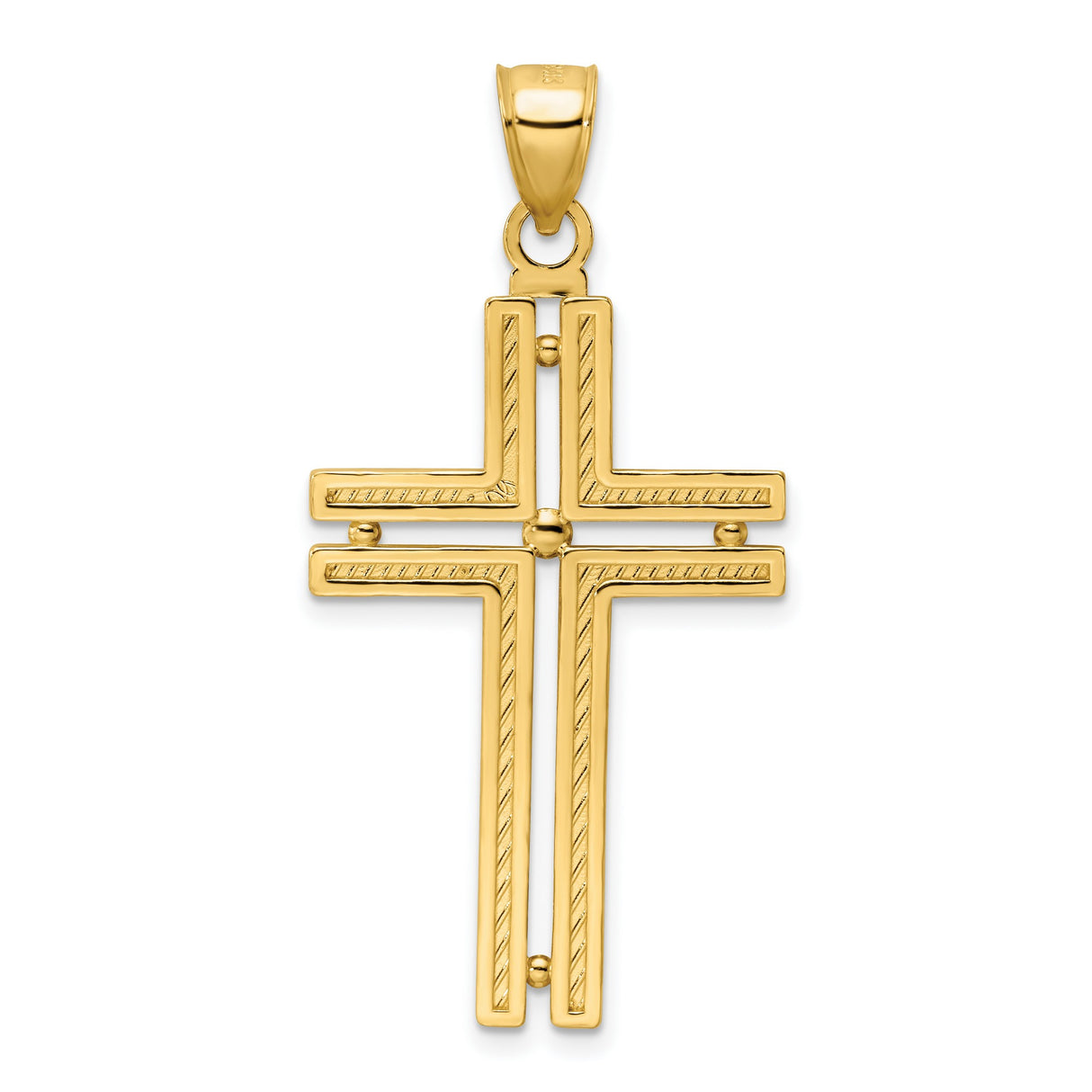 14k Yellow Gold Cross Pendant with Beaded Double Bar Design and Polished Finish