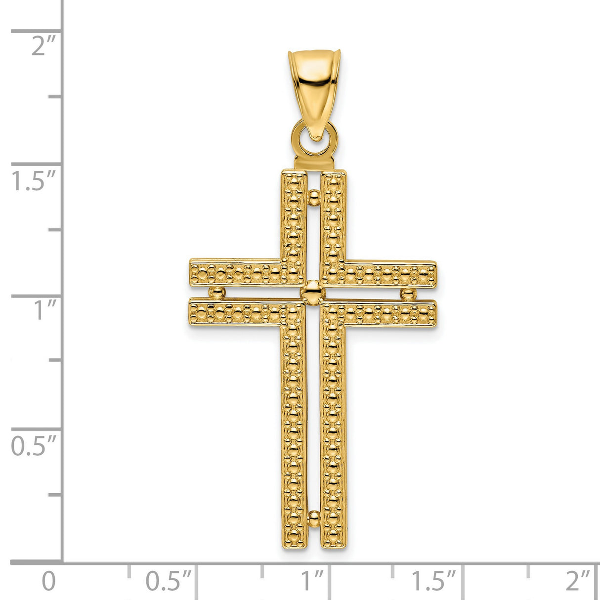 14k Yellow Gold Cross Pendant with Beaded Double Bar Design and Polished Finish