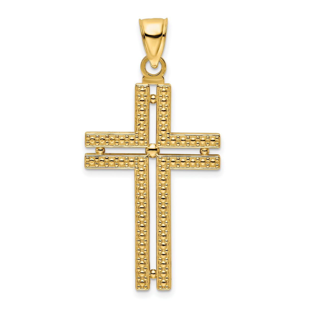 14k Yellow Gold Cross Pendant with Beaded Double Bar Design and Polished Finish
