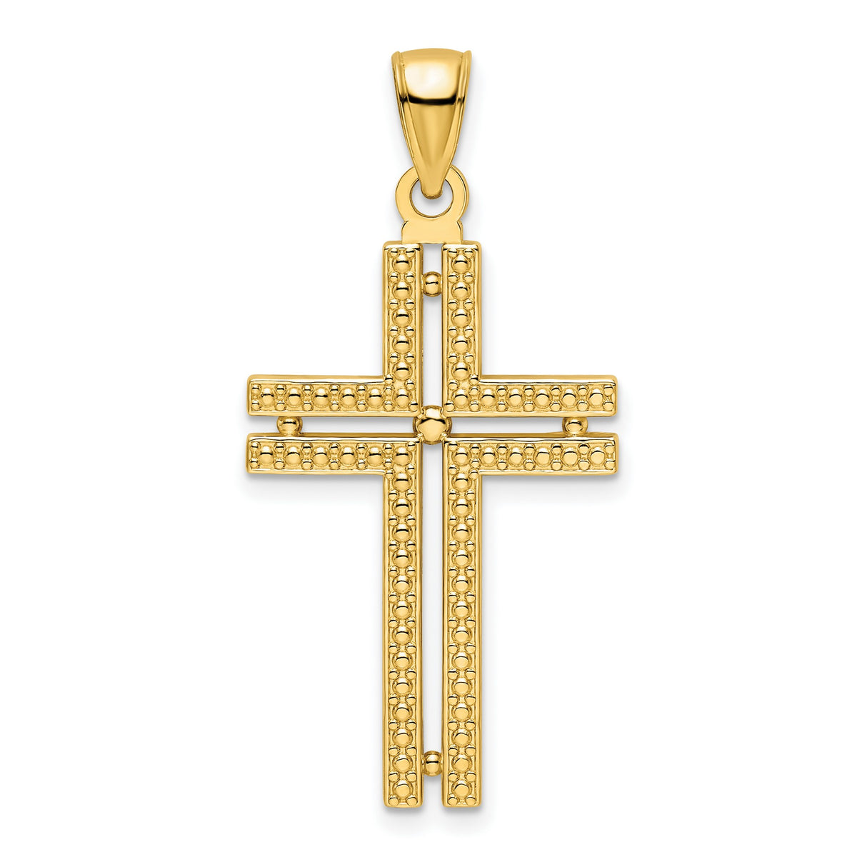 14k Yellow Gold Cross Pendant with Double Bar Beaded Design, Polished Finish, Religious Charm