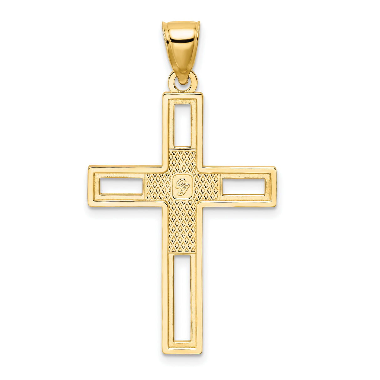 14k Yellow Gold Double Cross Pendant with Beaded Openwork Design and Polished Finish
