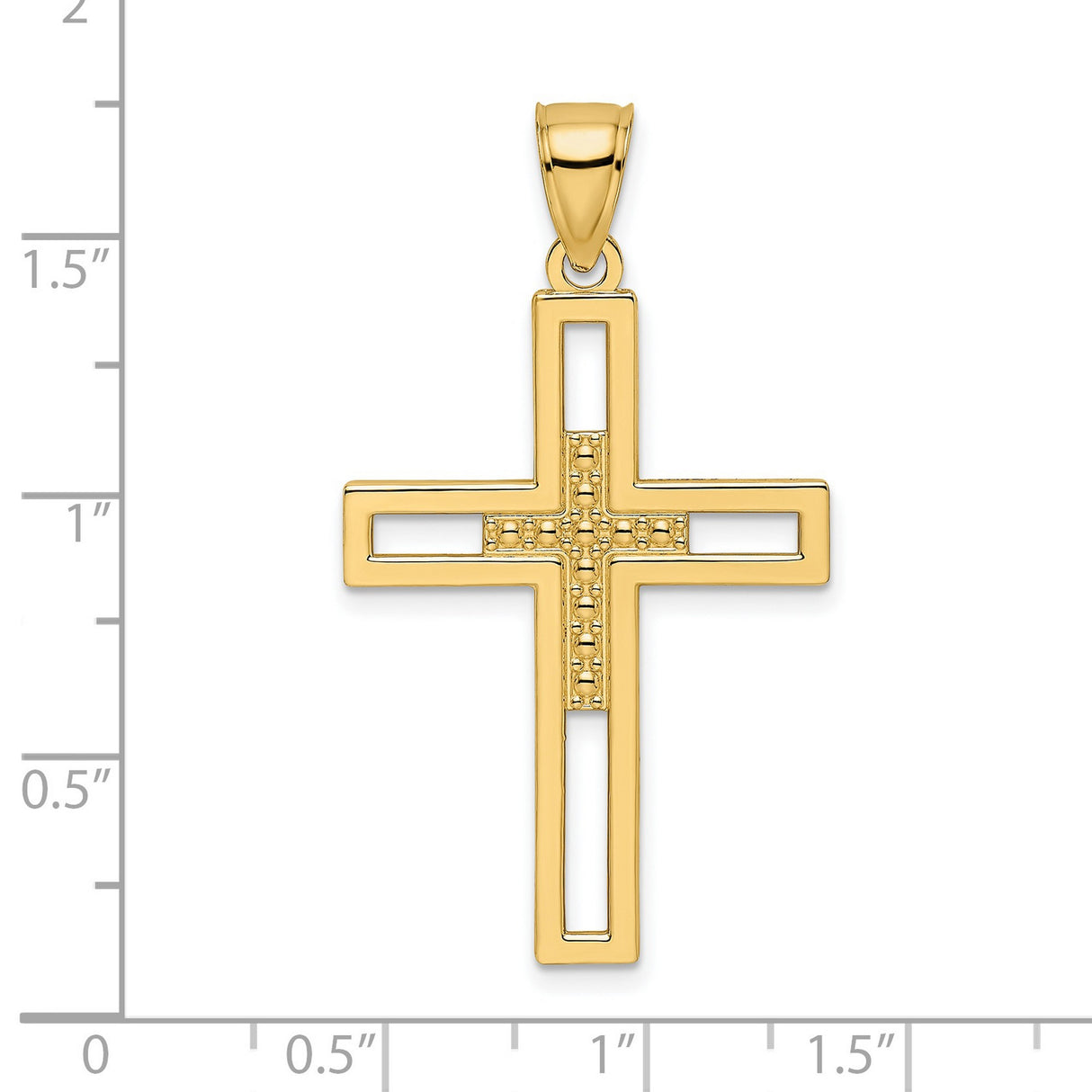 14k Yellow Gold Double Cross Pendant with Beaded Openwork Design and Polished Finish