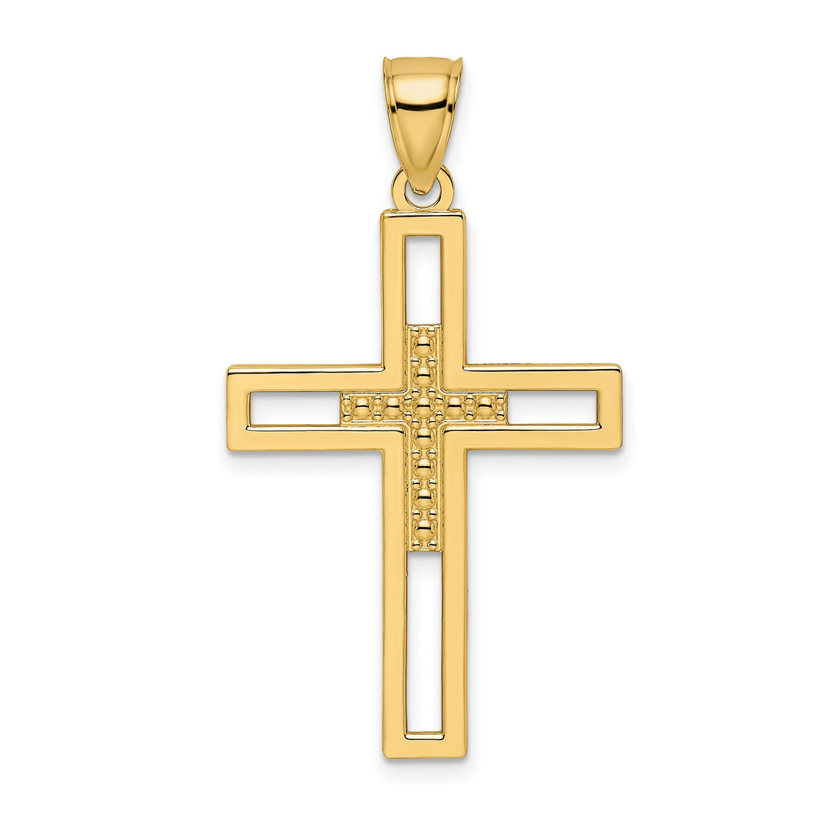 14k Yellow Gold Double Cross Pendant with Beaded Openwork Design and Polished Finish