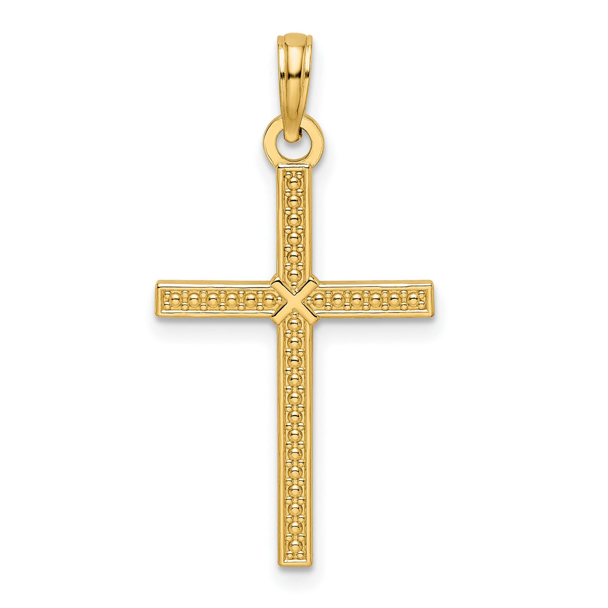 14k Yellow Gold Cross Pendant with Beaded Design, Polished Finish, Unisex Religious Jewelry
