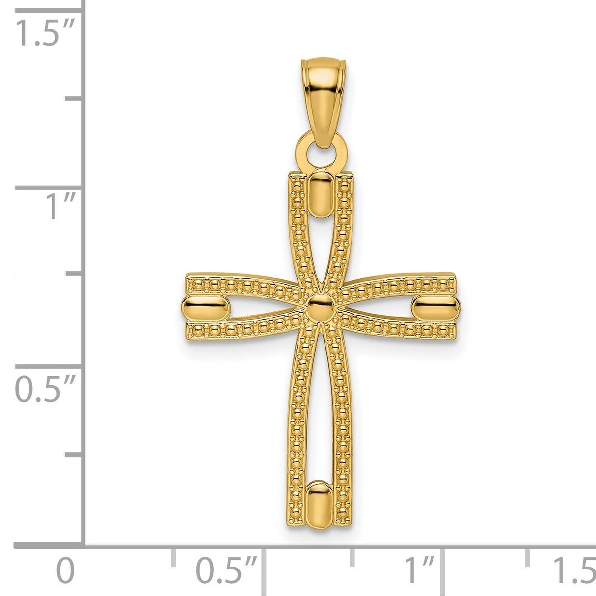 14k Yellow Gold Cross Pendant with Openwork and Beaded Design, Polished Christian Jewelry