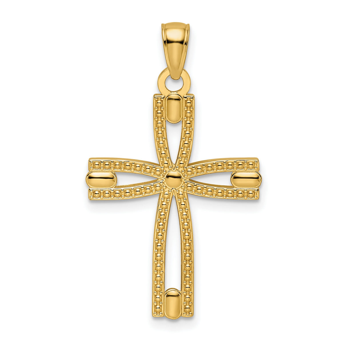 14k Yellow Gold Cross Pendant with Openwork and Beaded Design, Polished Christian Jewelry