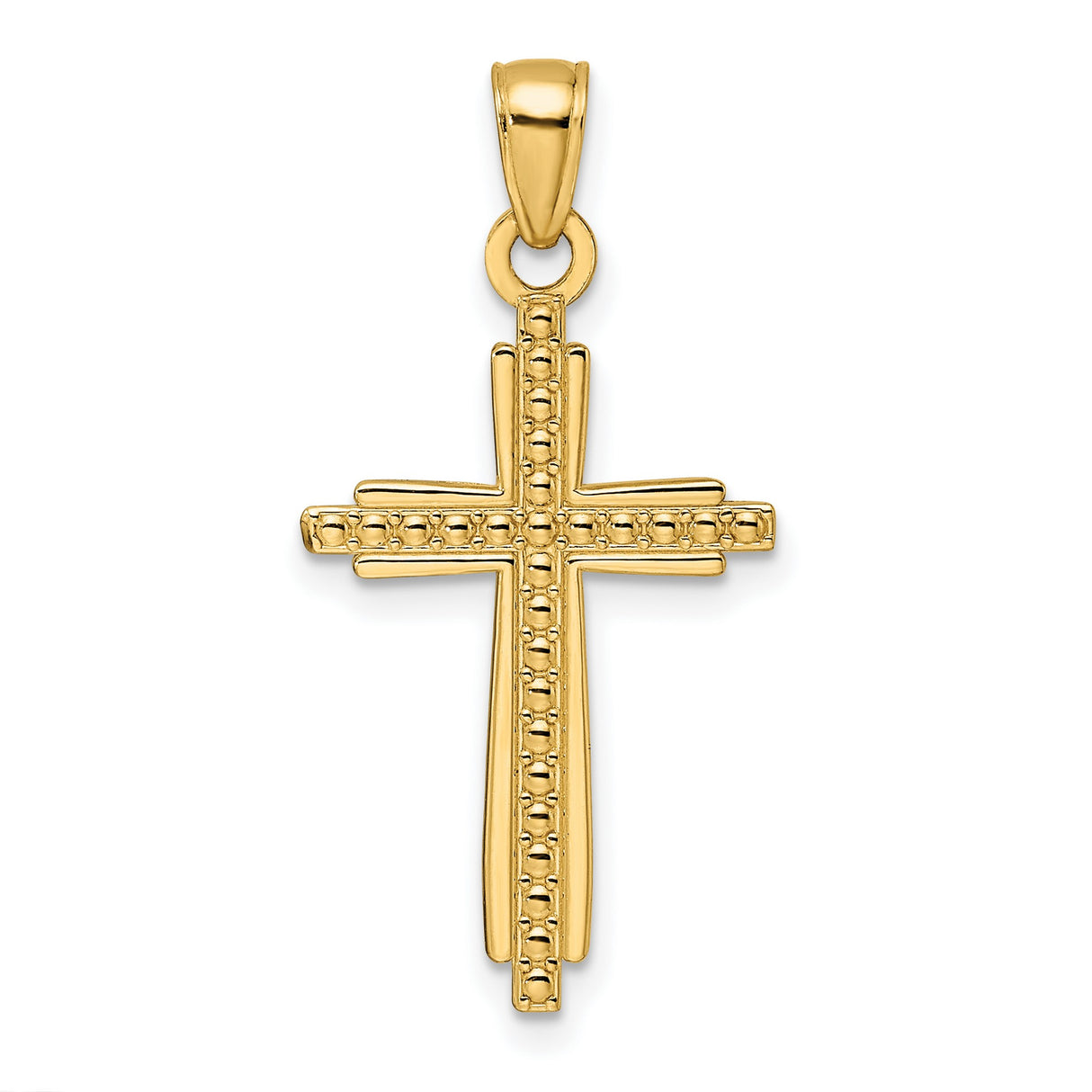 14k Yellow Gold Cross Pendant with Polished Texture and Beaded Detail