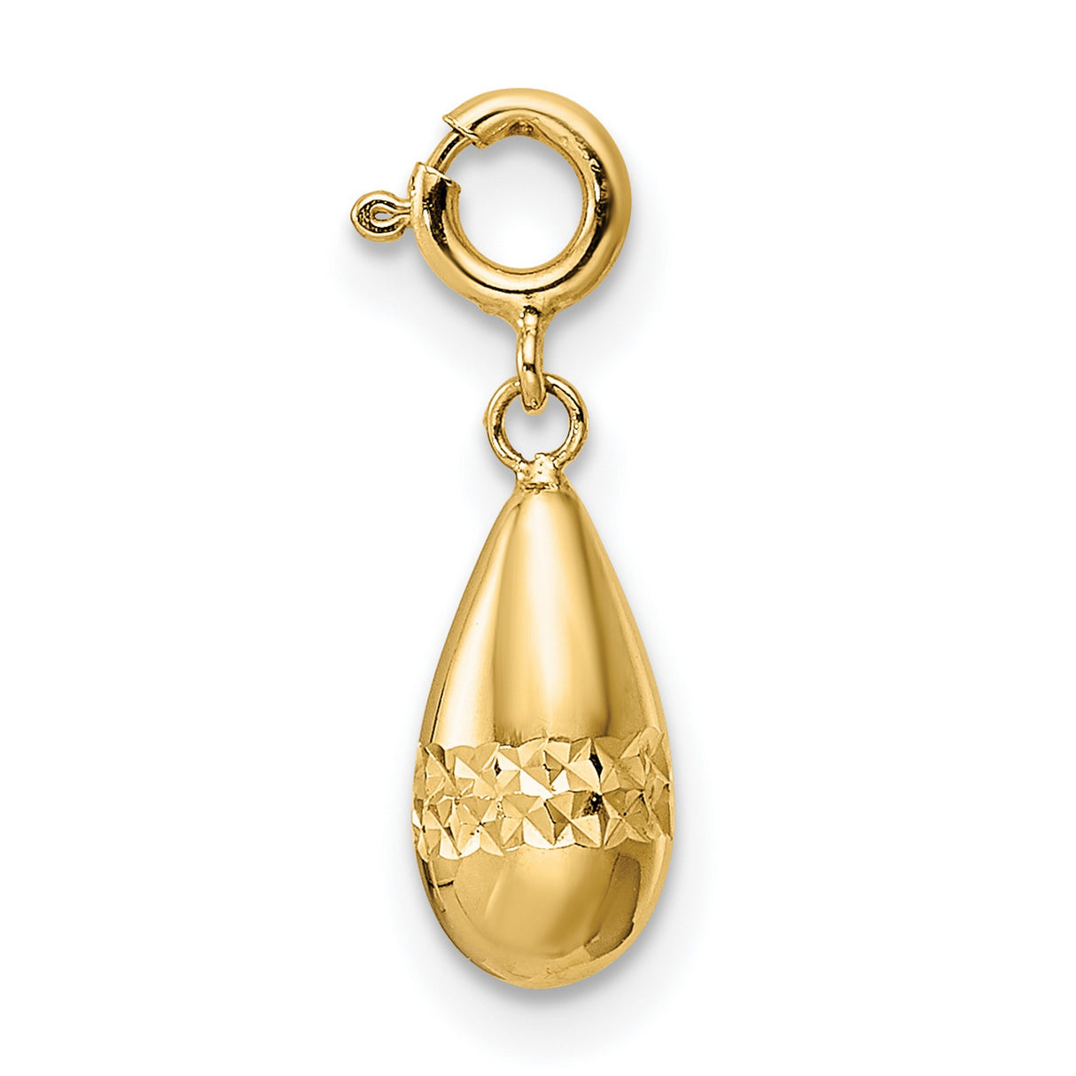 Polished Diamond-Cut Teardrop with Spring Ring Clasp Charm Pendant in Real 14k Yellow Gold