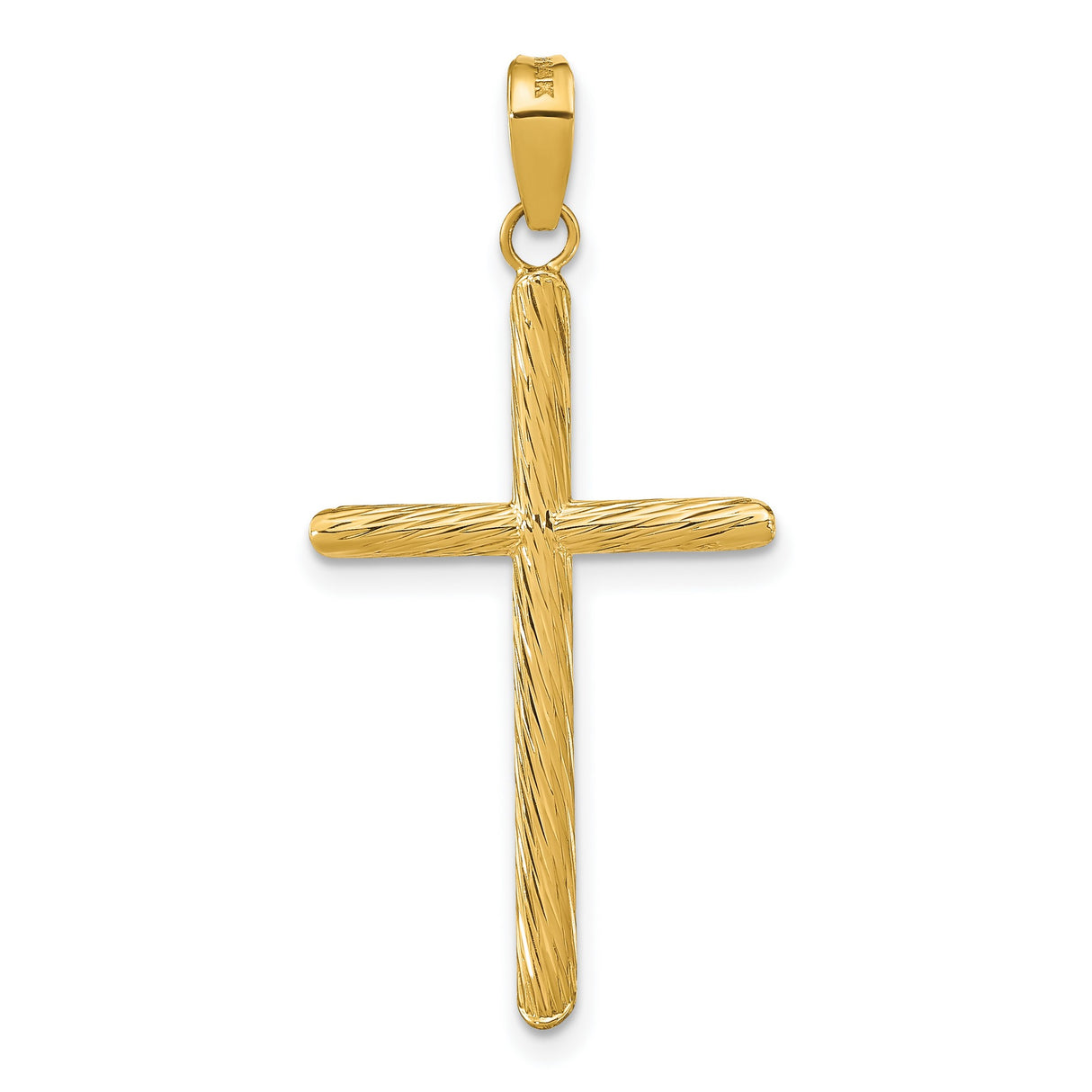 14k Yellow Gold Cross Pendant with Textured Satin Finish, Rounded Edges, Minimal Design