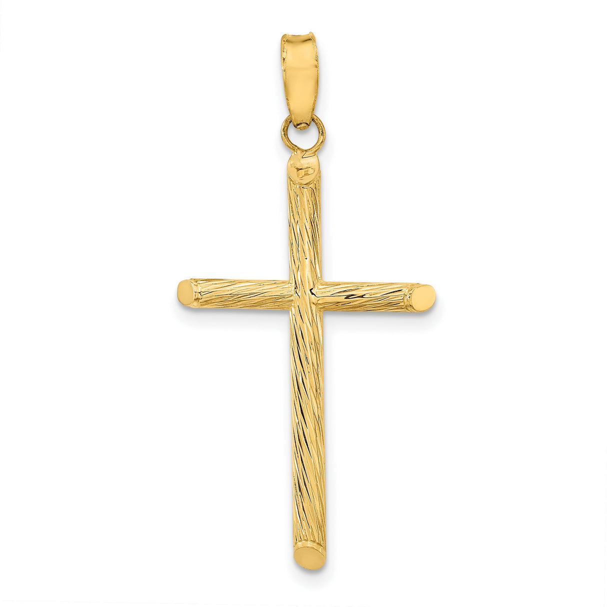 14k Yellow Gold Cross Pendant with Textured Satin Finish, Rounded Edges, Minimal Design