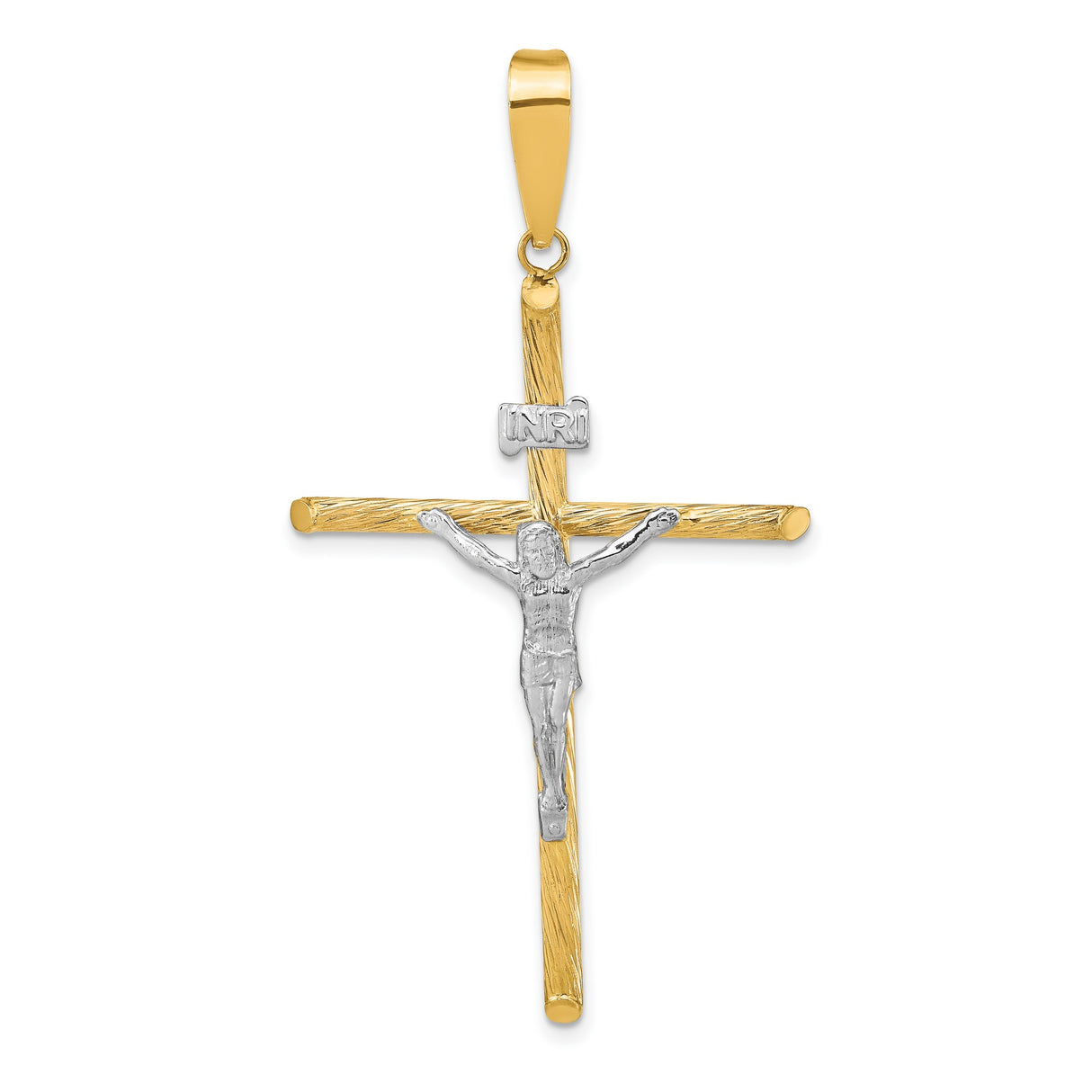 14k Multi-Tone Gold Crucifix Cross Pendant with Detailed Christ Figure and INRI Plate
