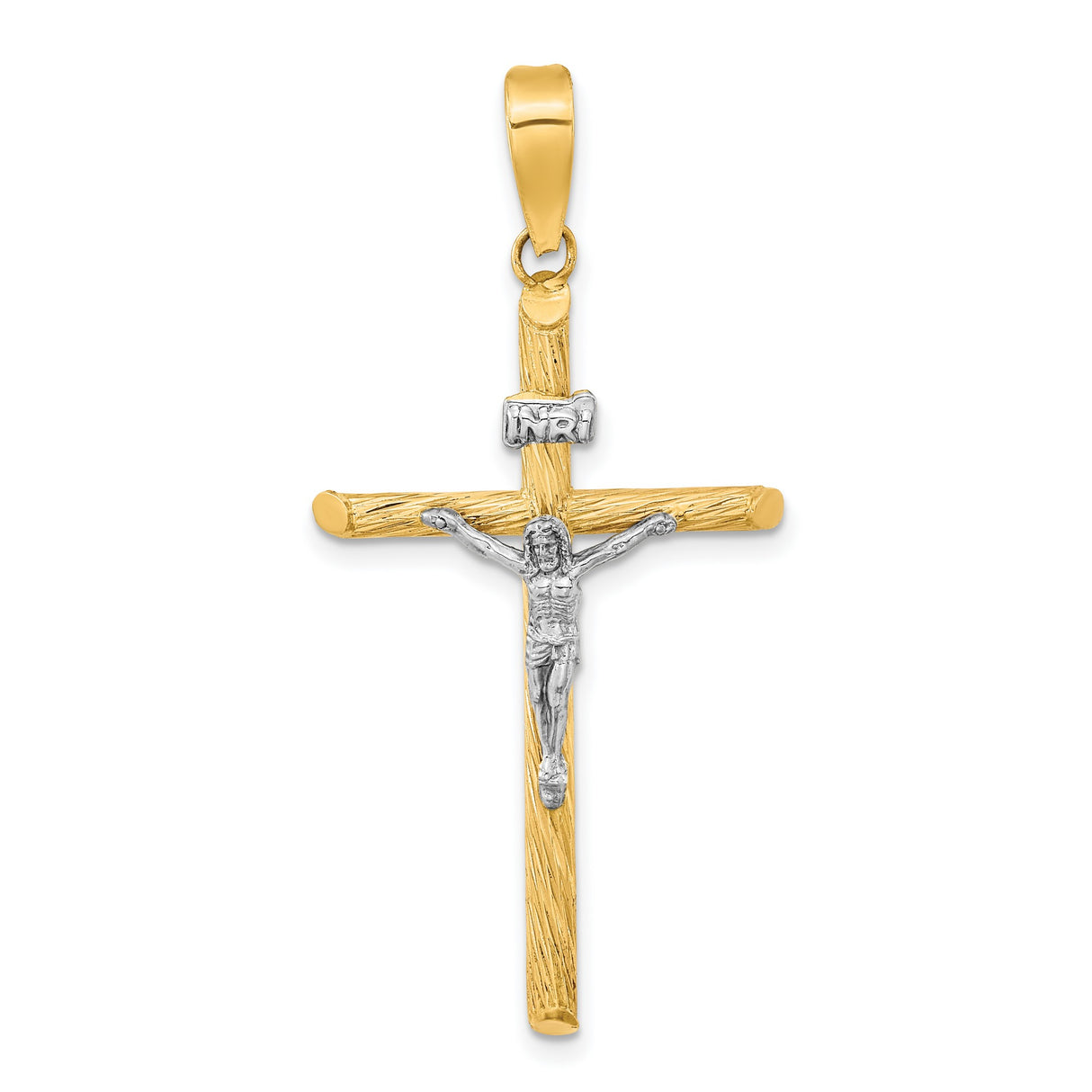 14k Multi-Tone Gold Crucifix Cross Pendant with INRI Jesus Figure, Christian Religious Jewelry