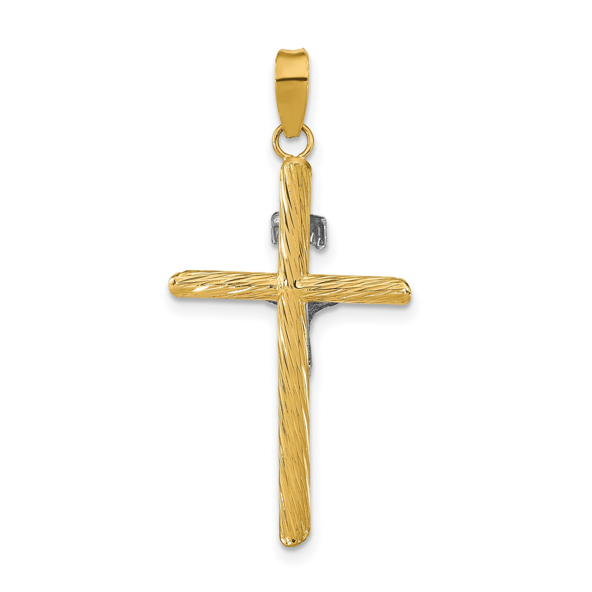 14k Multi-Tone Gold Crucifix Cross Pendant, INRI Design with Textured Woodgrain