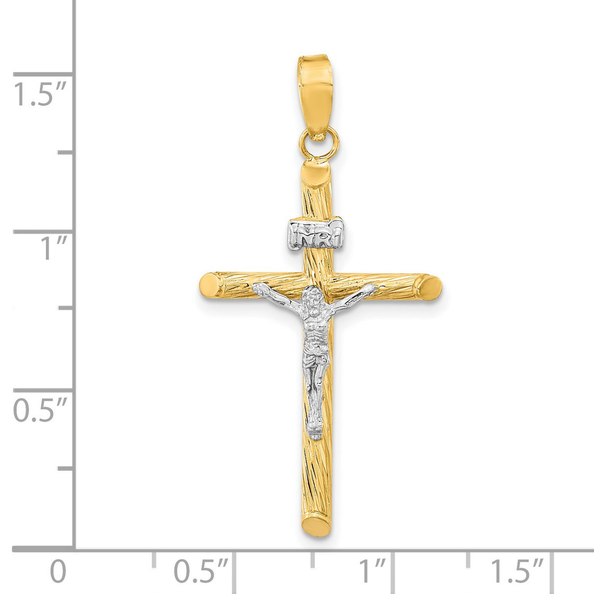 14k Multi-Tone Gold Crucifix Cross Pendant, INRI Design with Textured Woodgrain