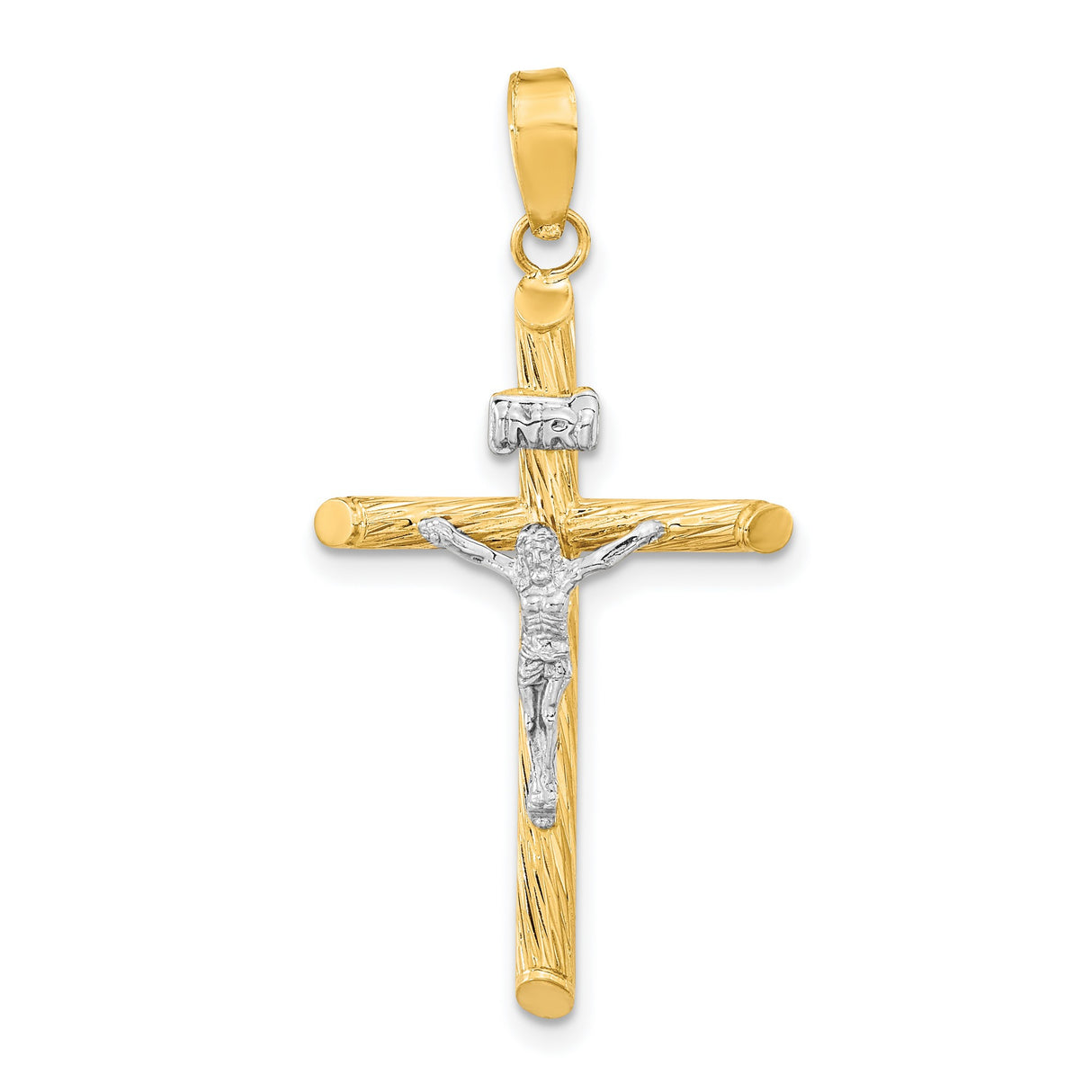 14k Multi-Tone Gold Crucifix Cross Pendant, INRI Design with Textured Woodgrain