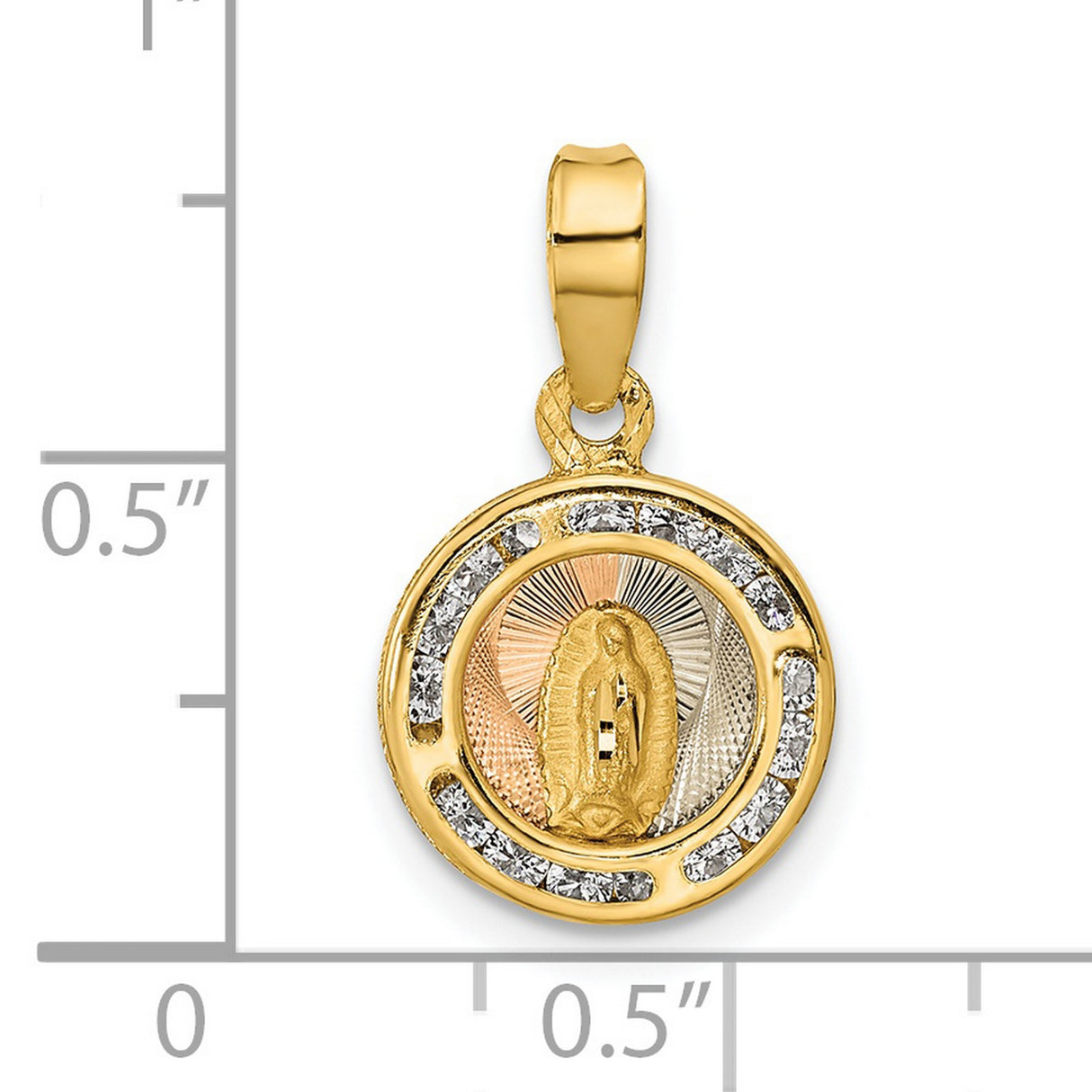 Polished CZ Mary Round Charm Pendant in Real 14k Multi-Tone Gold