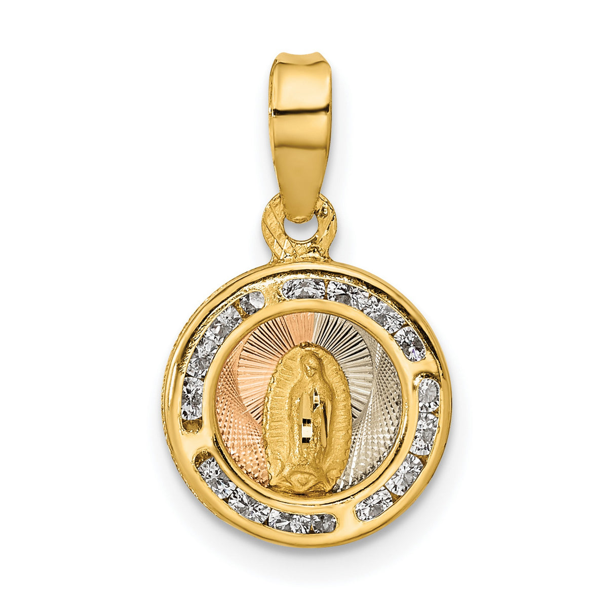 Polished CZ Mary Round Charm Pendant in Real 14k Multi-Tone Gold