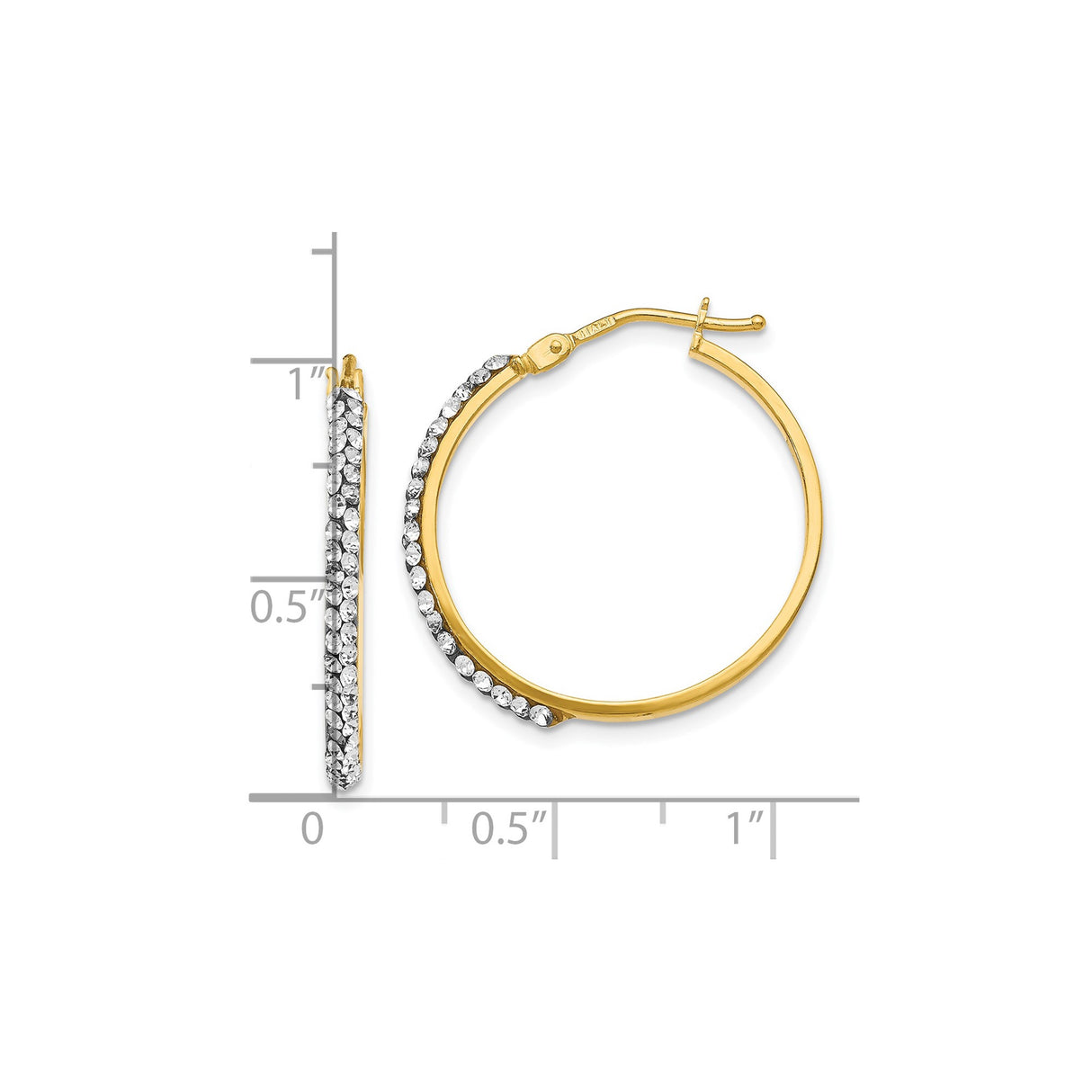 14k Yellow Gold Hoop Earrings with Round White Crystals, Lightweight Sparkling Design