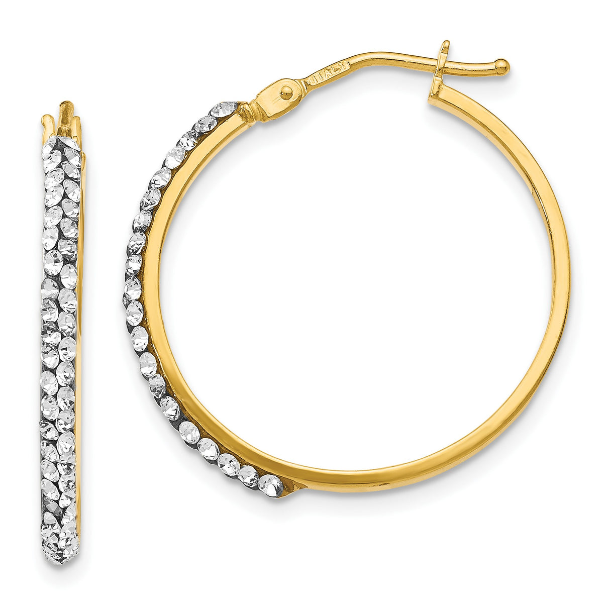 14k Yellow Gold Hoop Earrings with Round White Crystals, Lightweight Sparkling Design