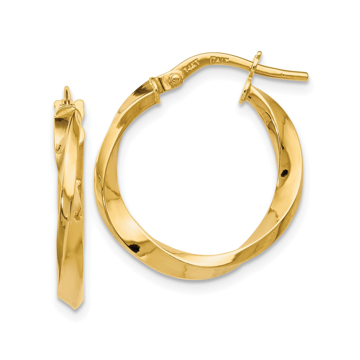14k Yellow Gold Twisted Hoop Earrings, Polished Curved Design, Italian Made Lightweight Hoops