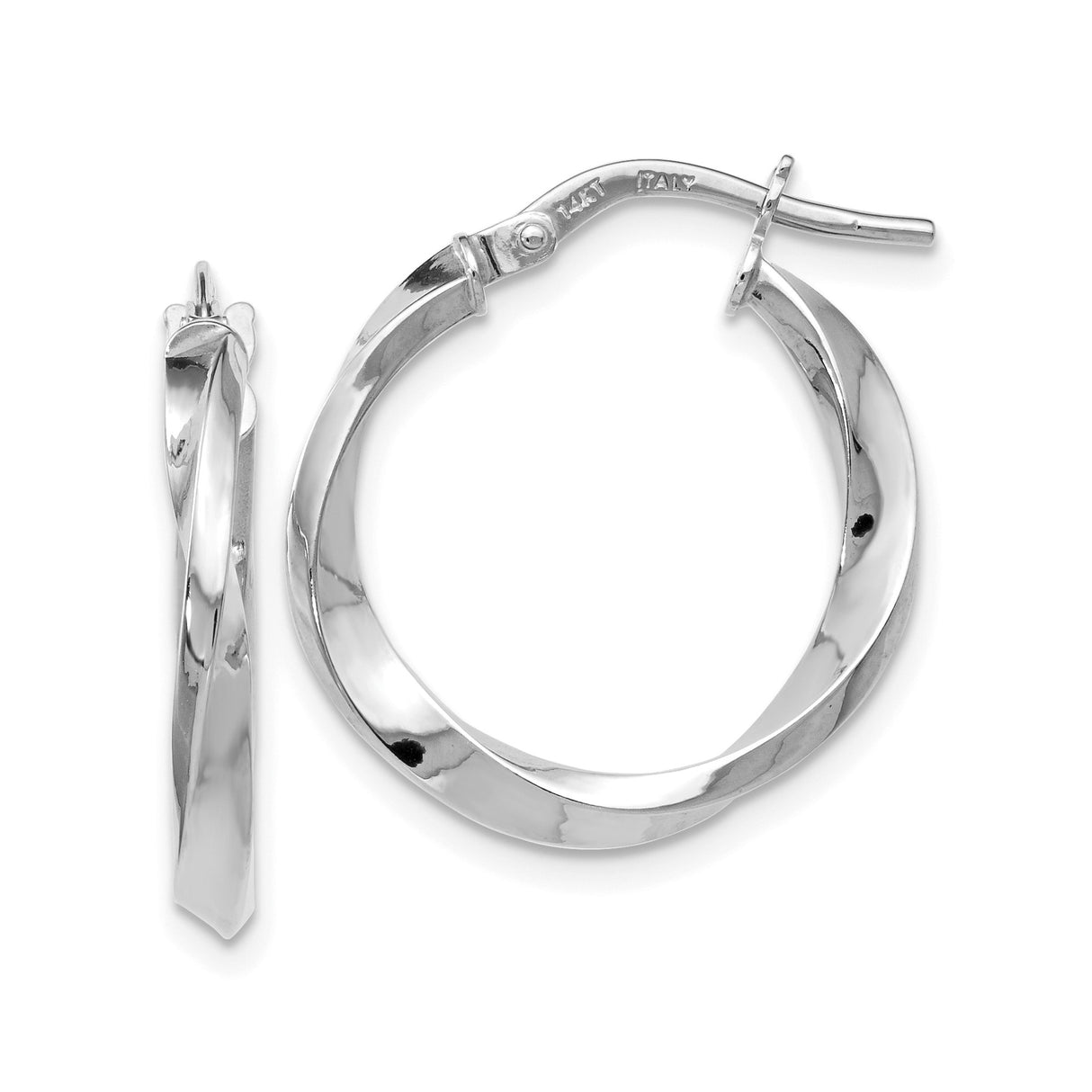 14k White Gold Twisted Hoop Earrings with Wave Design and Polished Finish, Lightweight Italian Style