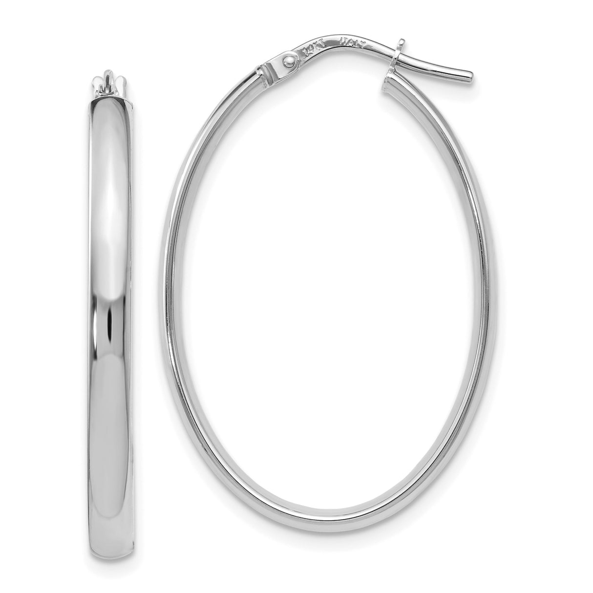 14k White Gold Oval Hoop Earrings, Sleek Polished Minimalist Design for Women
