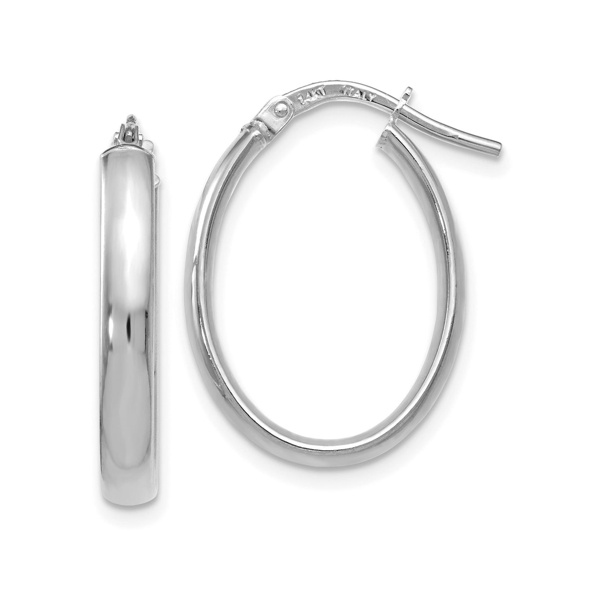 14k White Gold Oval Hoop Earrings with Polished Finish and Latch Back Closure
