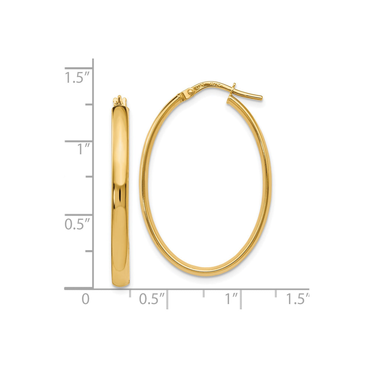 14k Yellow Gold Hoop Earrings, Medium Oval with Polished Finish and Latch Back Closure