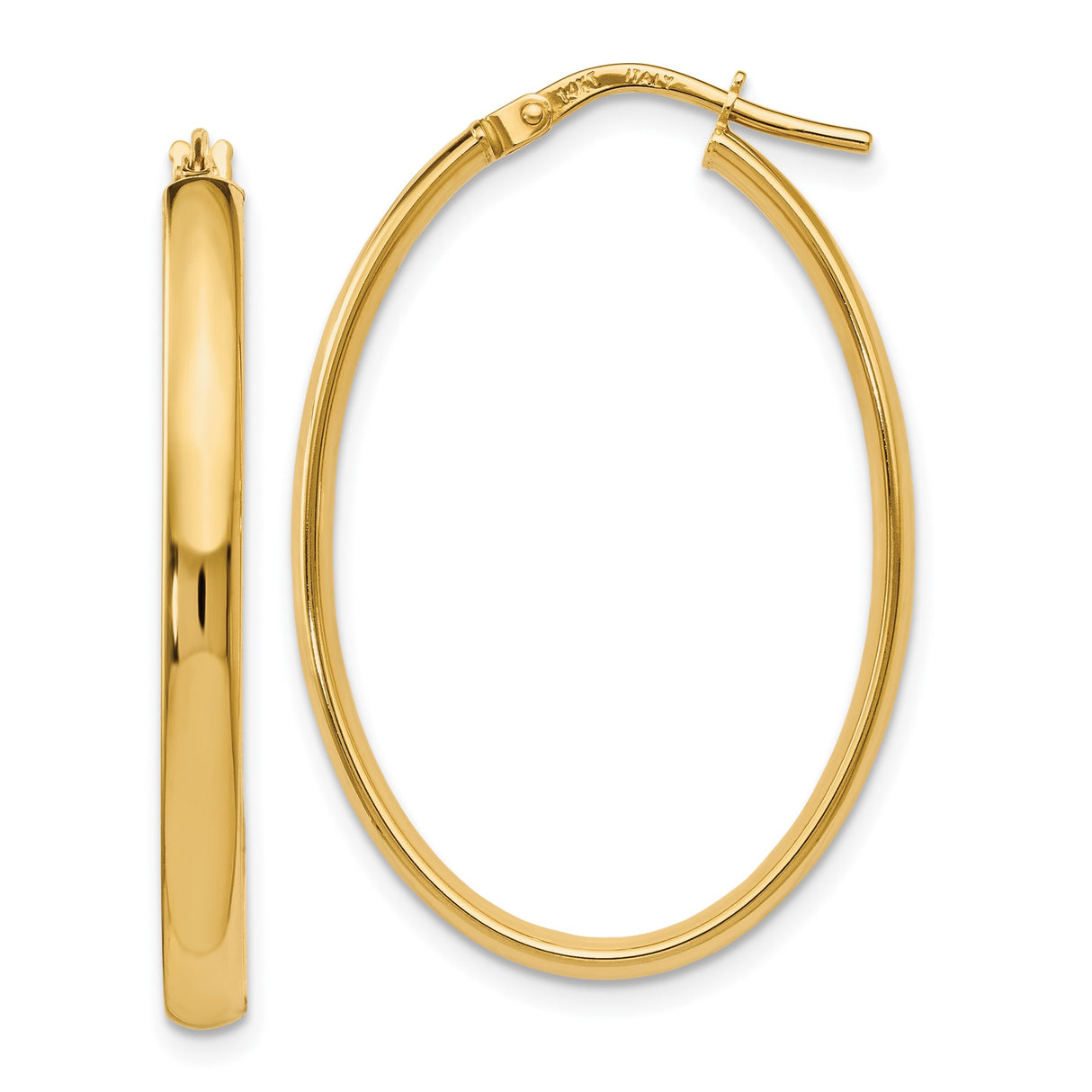 14k Yellow Gold Hoop Earrings, Medium Oval with Polished Finish and Latch Back Closure