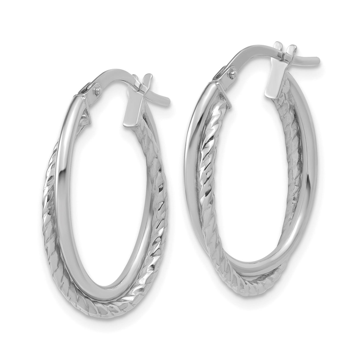 14k White Gold Hoop Earrings with Twisted Double Row Design, Polished Oval Style