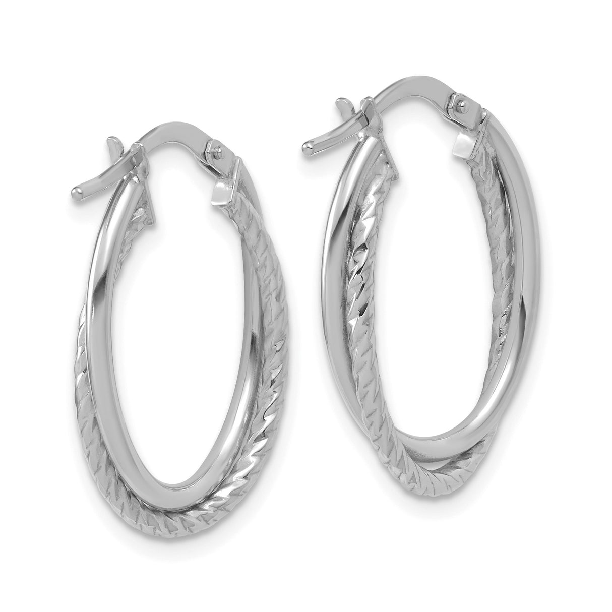 14k White Gold Hoop Earrings with Twisted Double Row Design, Polished Oval Style