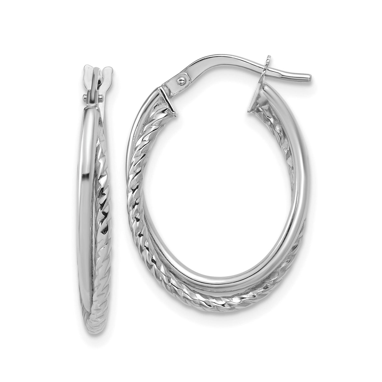 14k White Gold Hoop Earrings with Twisted Double Row Design, Polished Oval Style