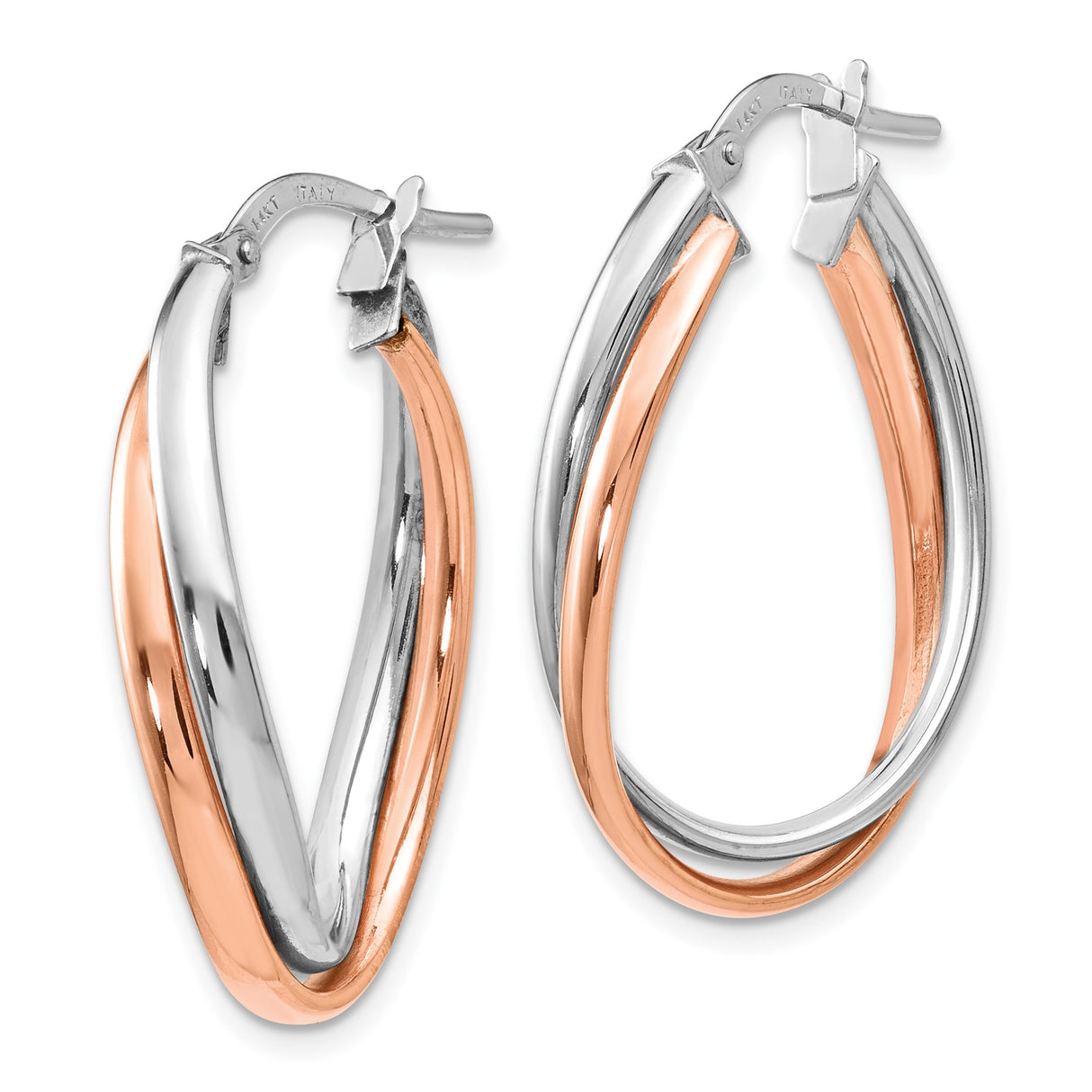 14k Two Tone Gold Hoop Earrings, Twisted Intertwined Rose and White Gold Loops