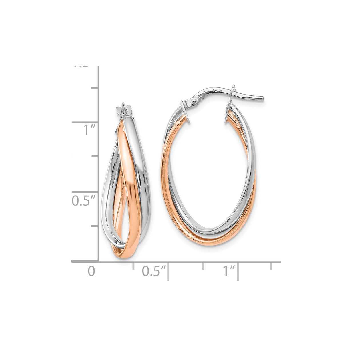 14k Two Tone Gold Hoop Earrings, Twisted Intertwined Rose and White Gold Loops