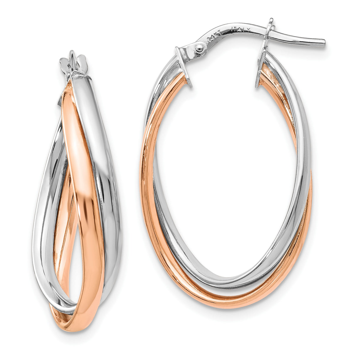 14k Two Tone Gold Hoop Earrings, Twisted Intertwined Rose and White Gold Loops