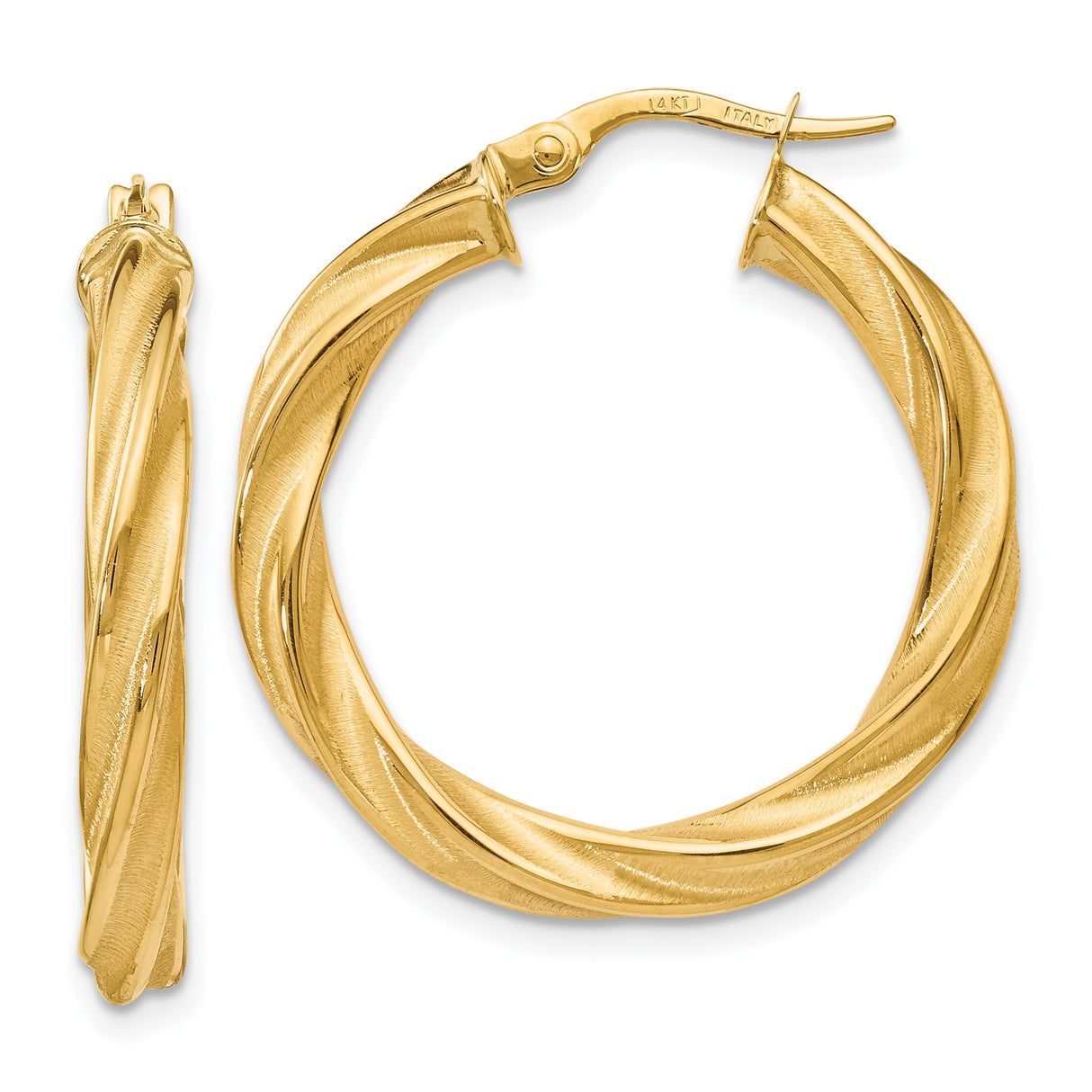 14k Yellow Gold Hoop Earrings with Twisted Swirl Texture, Classic Lightweight Italian Style