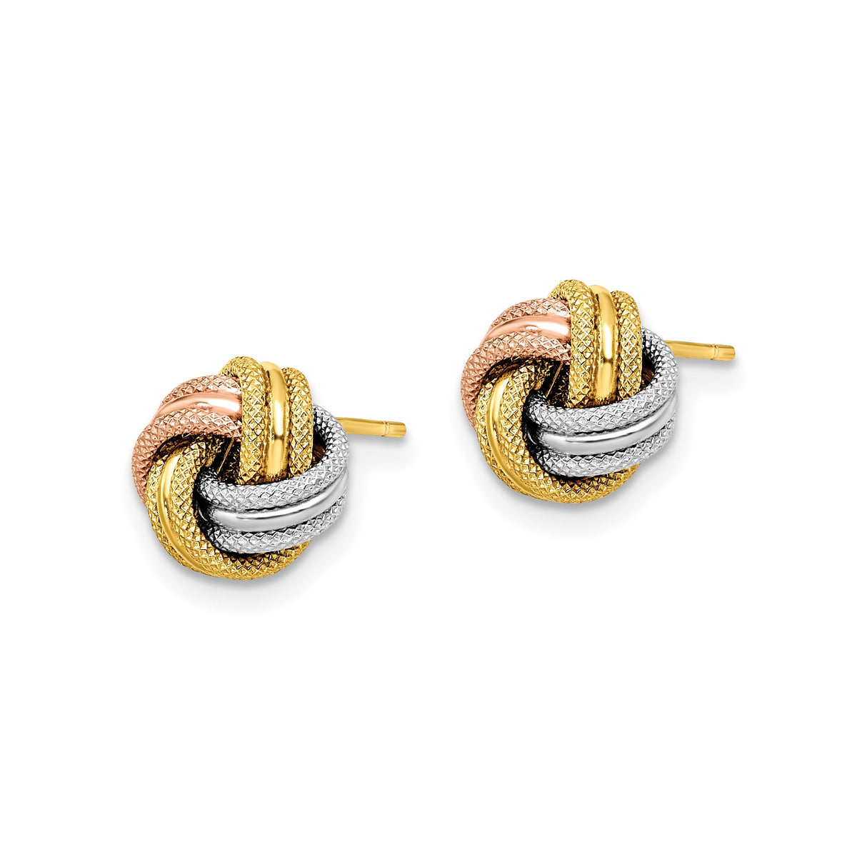 14k Tri-Color Gold Love Knot Stud Earrings with Yellow, Rose, and White Gold Textured Design