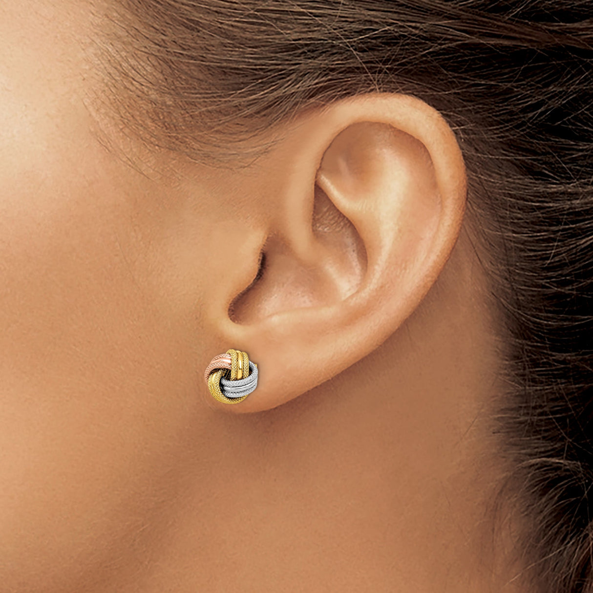 14k Tri-Color Gold Love Knot Stud Earrings with Yellow, Rose, and White Gold Textured Design