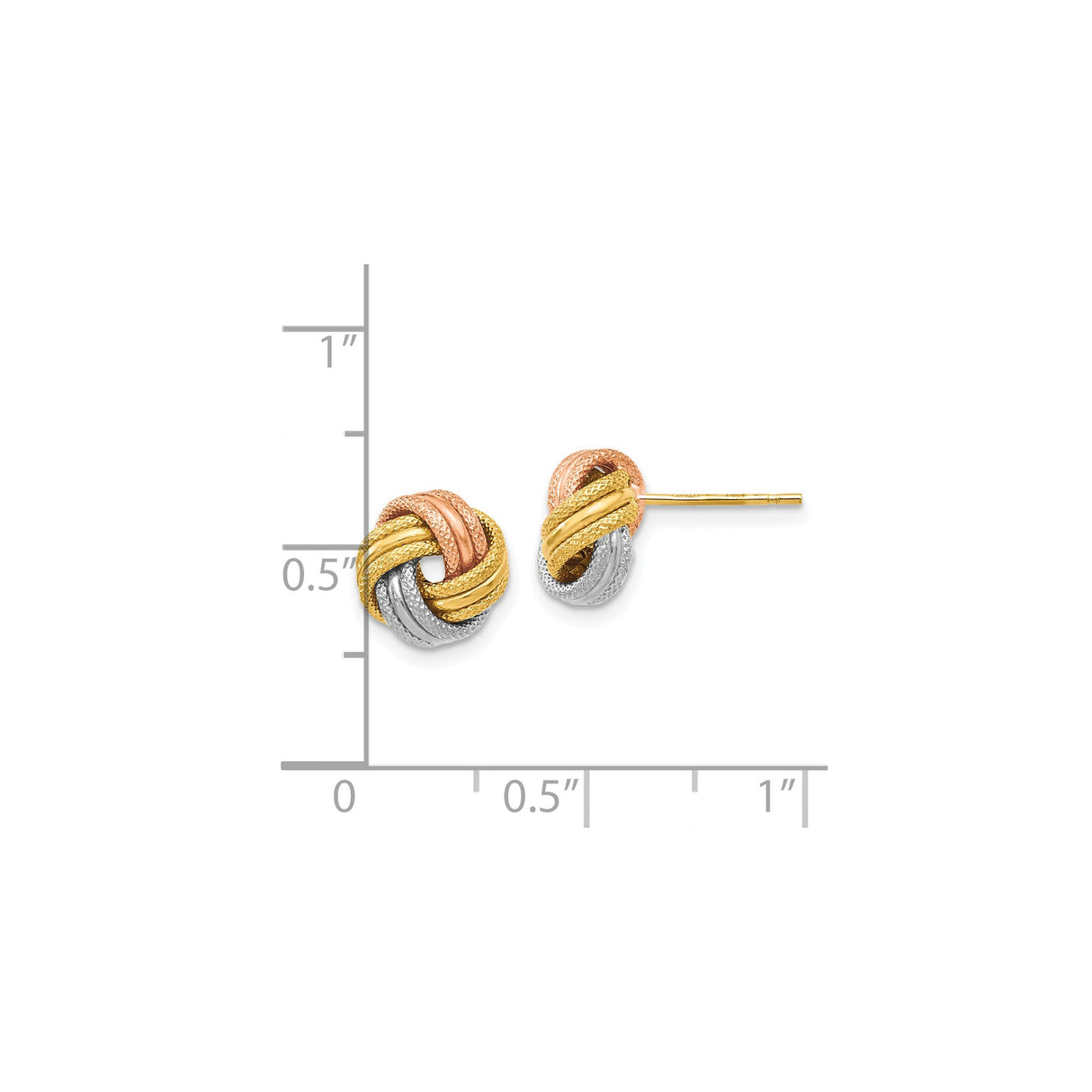 14k Tri-Color Gold Love Knot Stud Earrings with Yellow, Rose, and White Gold Textured Design