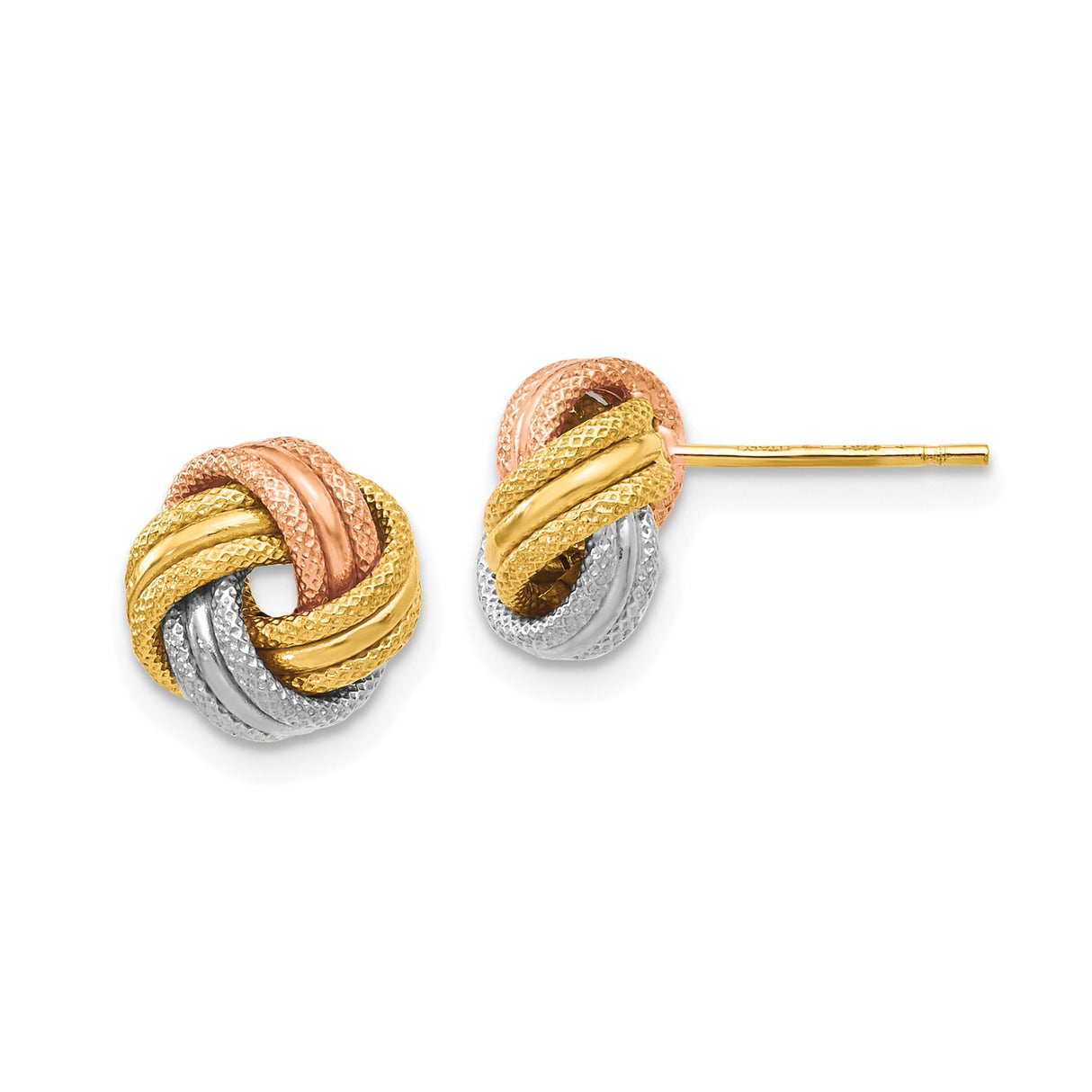 14k Tri-Color Gold Love Knot Stud Earrings with Yellow, Rose, and White Gold Textured Design
