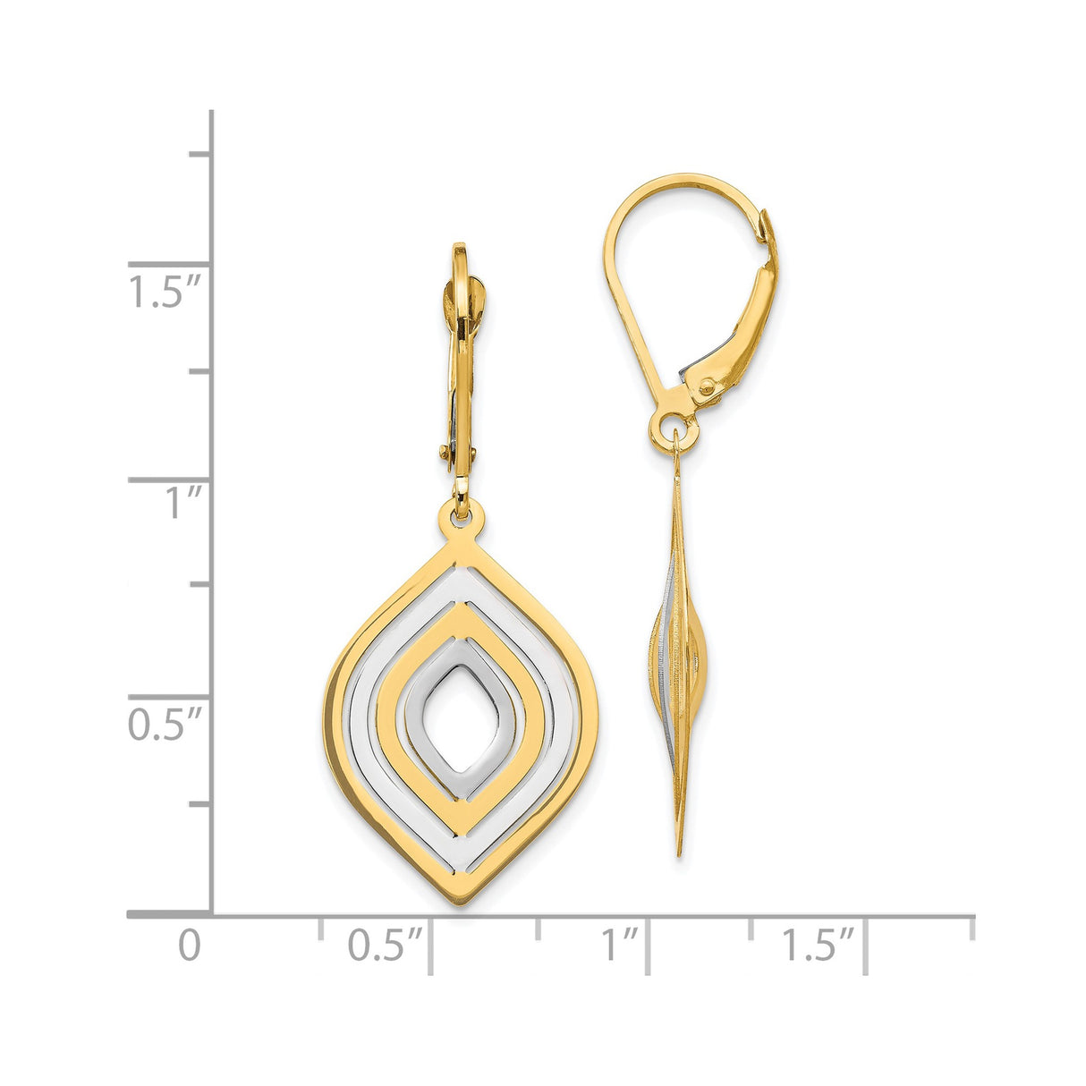 14k Yellow Gold Marquise Dangle Earrings with Rhodium Accents and Leverback Backs