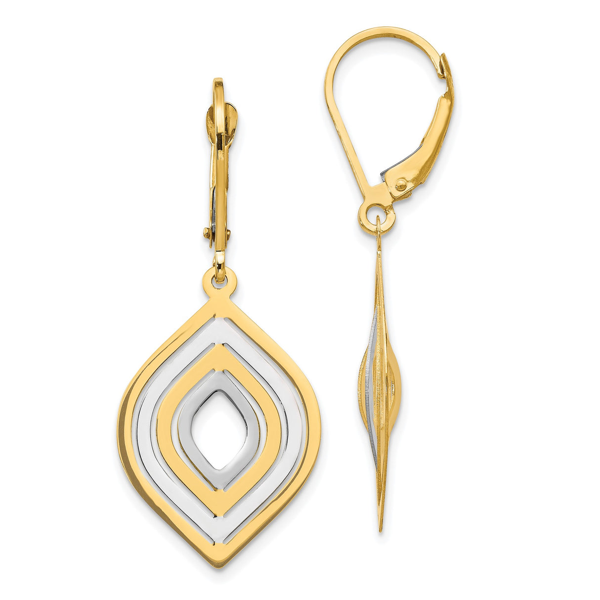14k Yellow Gold Marquise Dangle Earrings with Rhodium Accents and Leverback Backs